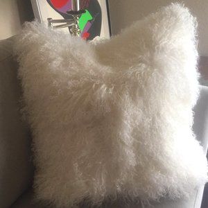 NEW 100% White Mongolian Lamb Wool Fur Pillow Cover Leather Hand-stitched 20x20"